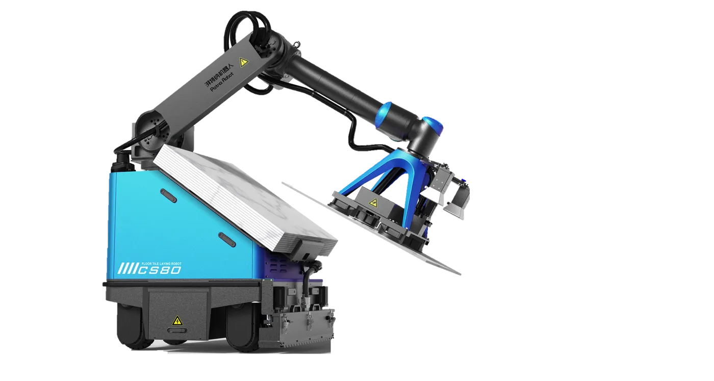 Autonomous floor tile paving robot on a construction floor